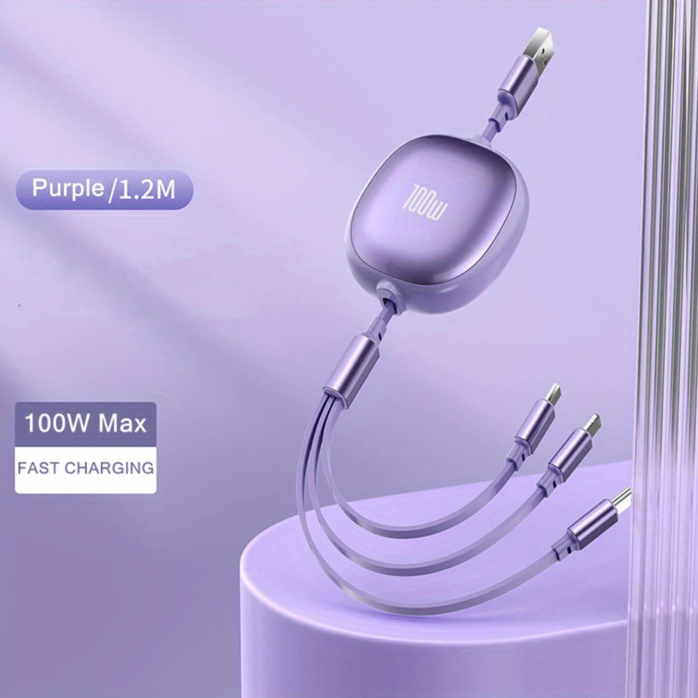 Câble rétractable 3-en-1 - Charge rapide 100W et données