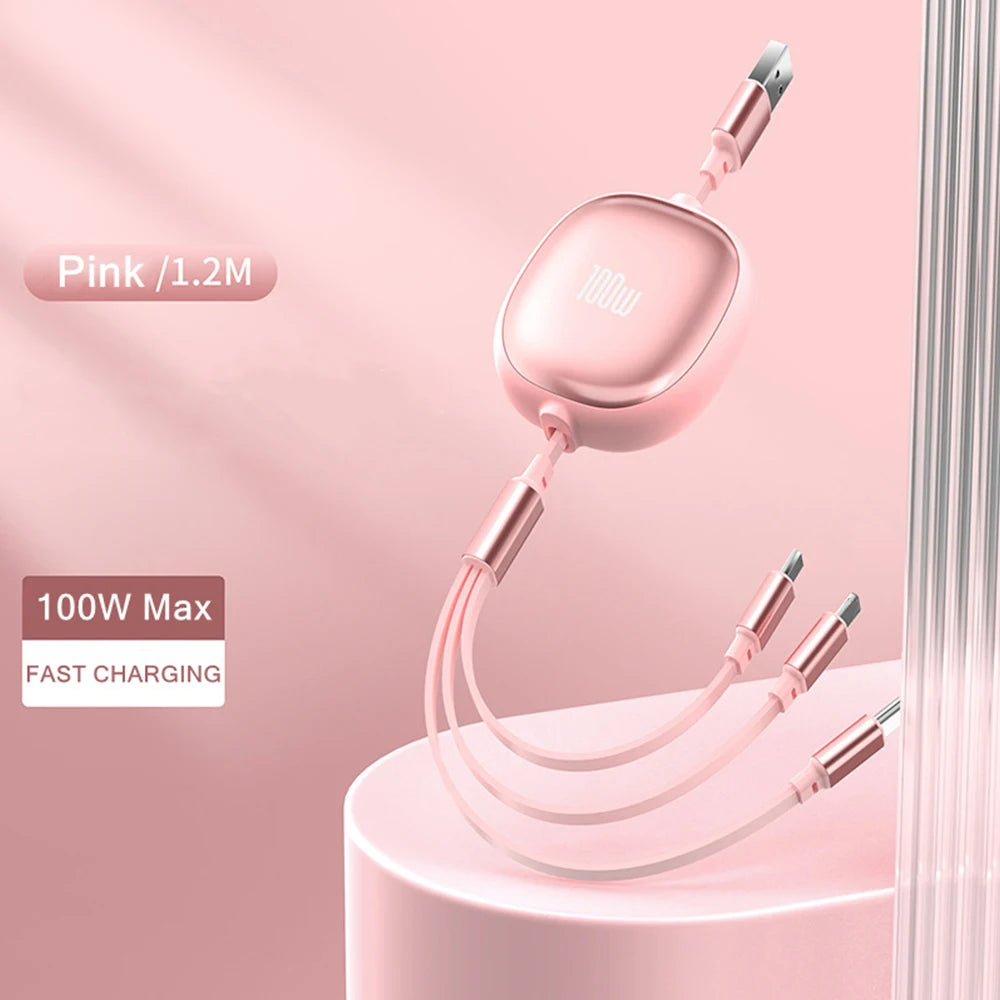 Câble rétractable 3-en-1 - Charge rapide 100W et données