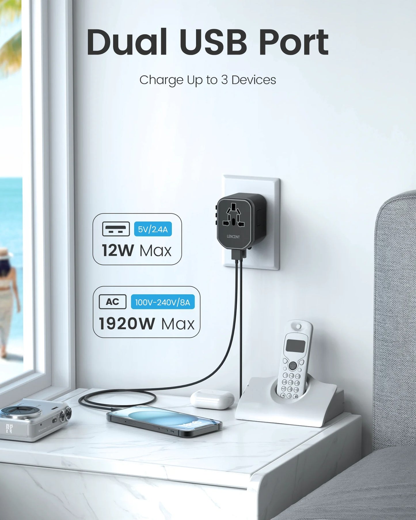 Adaptateur universel LENCENT avec 2 ports USB, compatible plus de 200 pays