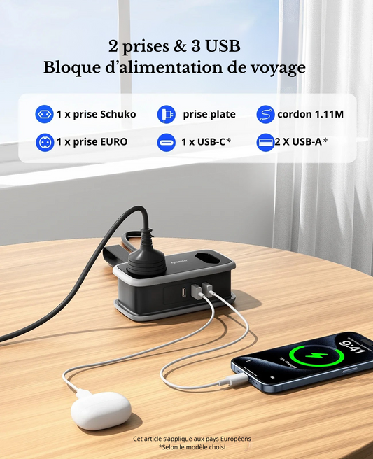 Multiprise de voyage compacte avec 2 prises et 3 ports USB