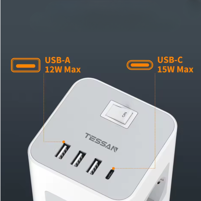 Multiprise verticale compacte et élégante, idéale pour le bureau, la maison ou le télétravail.