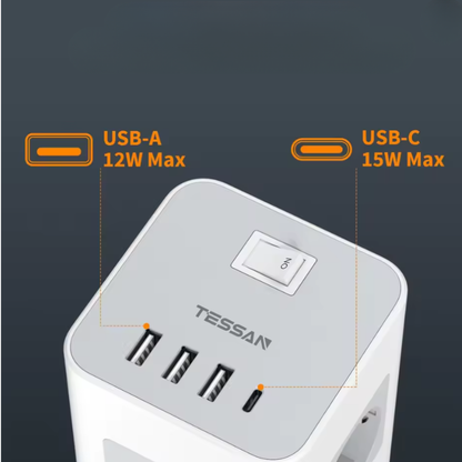 Multiprise verticale compacte et élégante, idéale pour le bureau, la maison ou le télétravail.