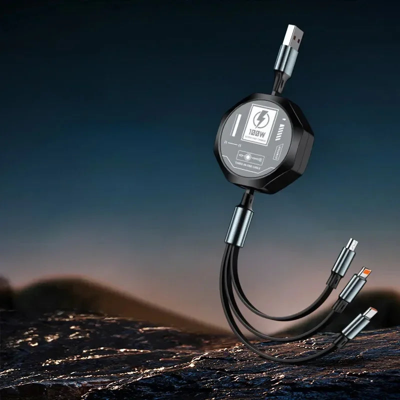 Câble USB rétractable 3-en-1 - 100W charge & données