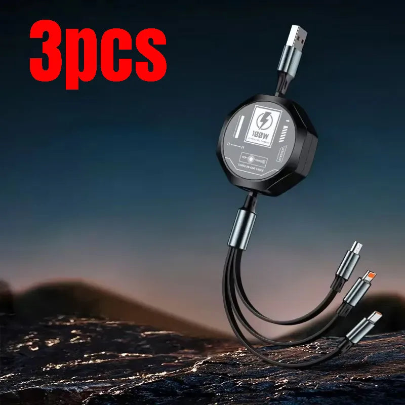 Câble USB rétractable 3-en-1 - 100W charge & données