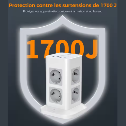 Tour de prise avec protection contre les surtensions et interrupteur principal de sécurité.