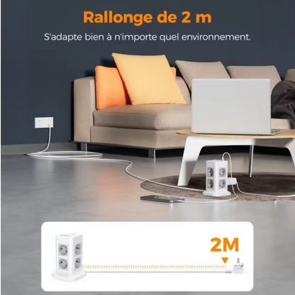 Multiprise avec câble de 2 mètres et ports USB-C et USB-A pour charge rapide d’appareils électroniques.