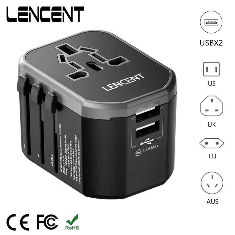 Adaptateur universel LENCENT avec 2 ports USB, compatible plus de 200 pays