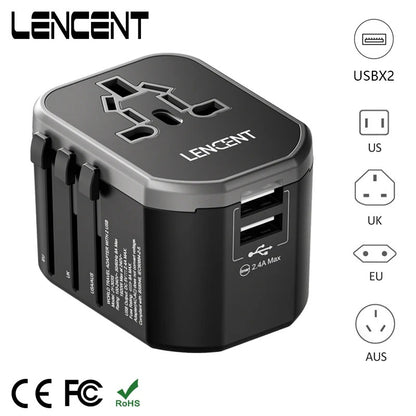 Adaptateur universel LENCENT avec 2 ports USB, compatible plus de 200 pays