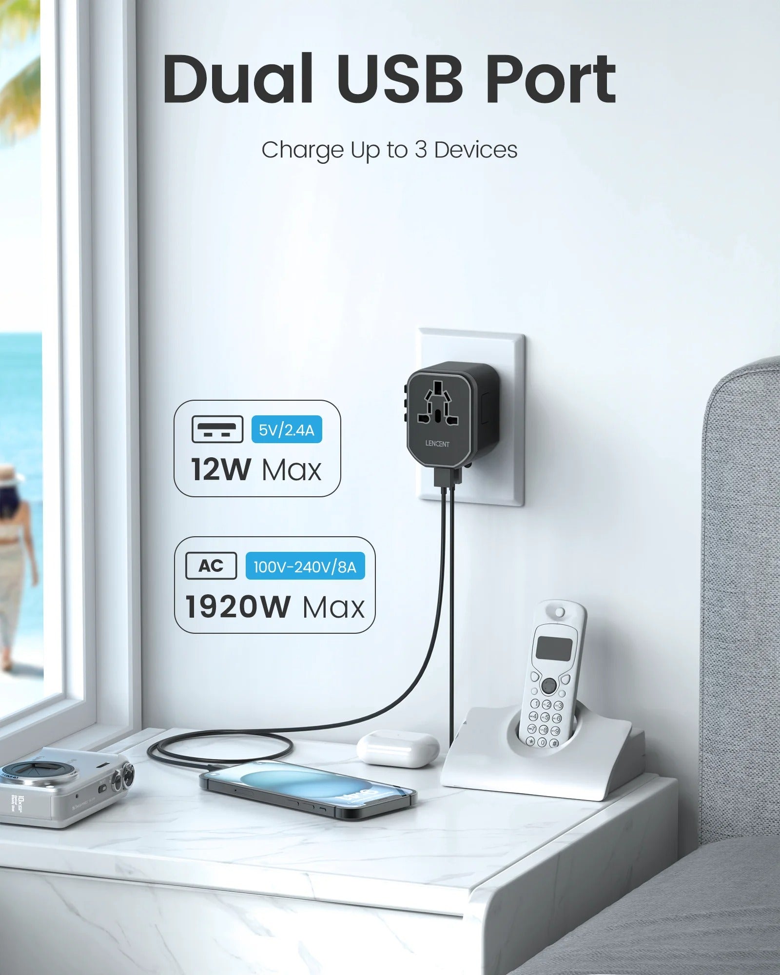 Adaptateur universel LENCENT avec 2 ports USB, compatible plus de 200 pays