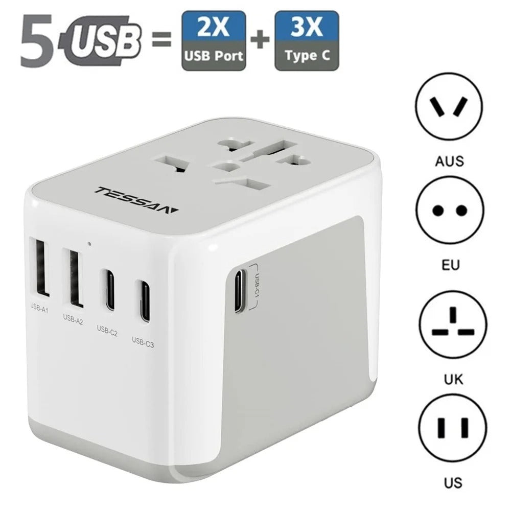 Adaptateur de voyage TESSAN avec 2 ports USB-A et 3 ports USB-C, compatible international LHEXOR