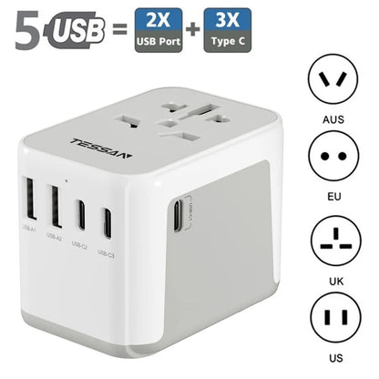 Adaptateur de voyage TESSAN avec 2 ports USB-A et 3 ports USB-C, compatible international LHEXOR