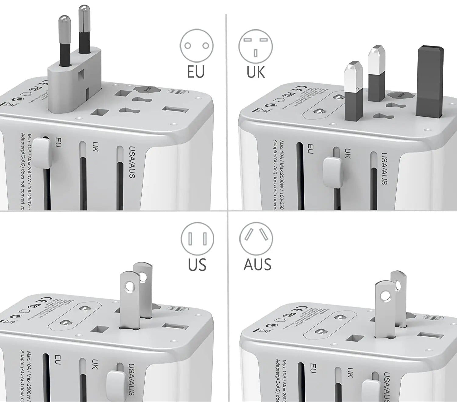 Adaptateur universel avec 4 embouts internationaux, compatible dans plus de 150 pays
