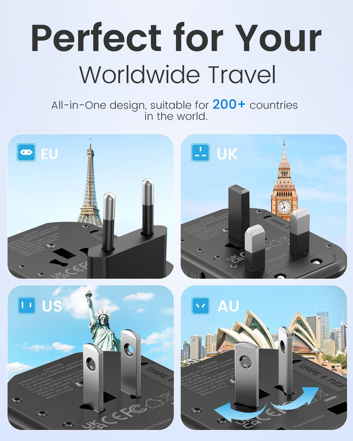 Adaptateur universel LENCENT avec 2 ports USB, compatible plus de 200 pays
