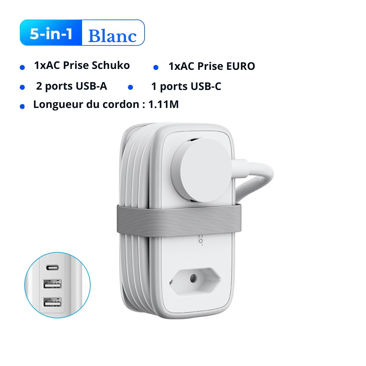 Multiprise de voyage compacte avec 2 prises et 2 USBA et 1 USBC blanc