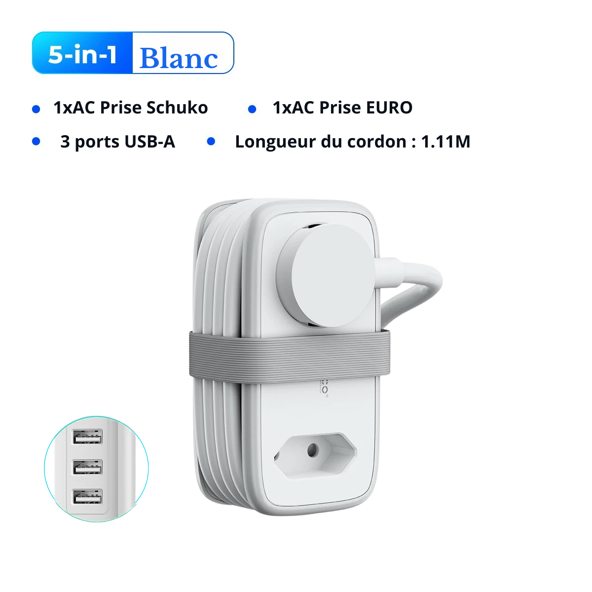 Multiprise de voyage compacte avec 2 prises et 3 ports USBA blanc