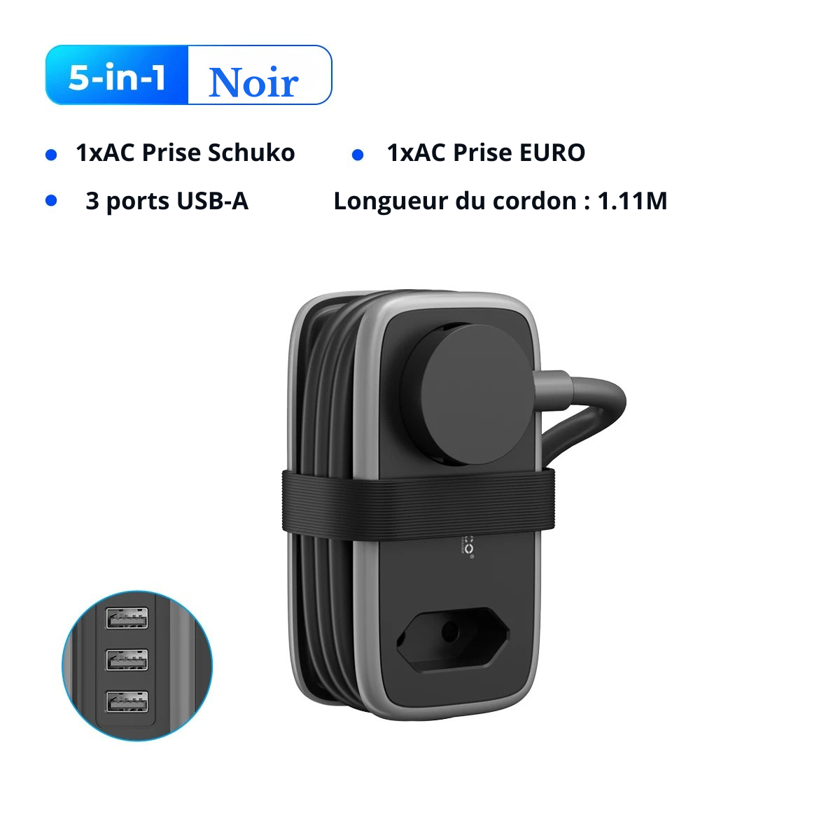 Multiprise de voyage compacte avec 2 prises et 3 ports USBA noir