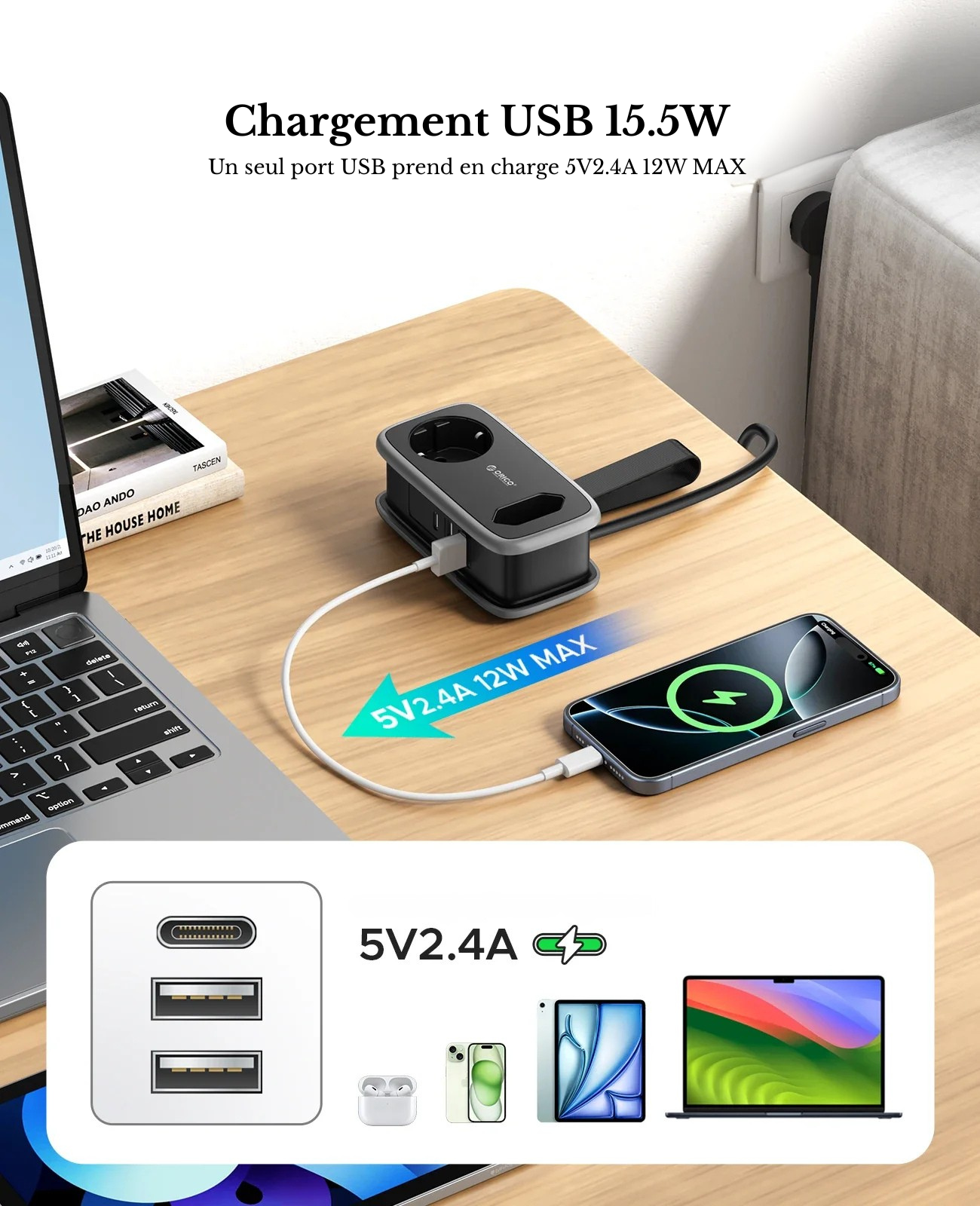 Multiprise de voyage compacte avec 2 prises et 3 ports USB chargement