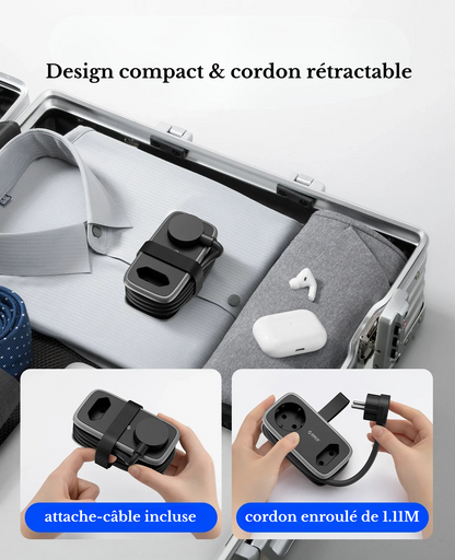 Multiprise de voyage compacte avec 2 prises et 3 ports USB et attache-câble