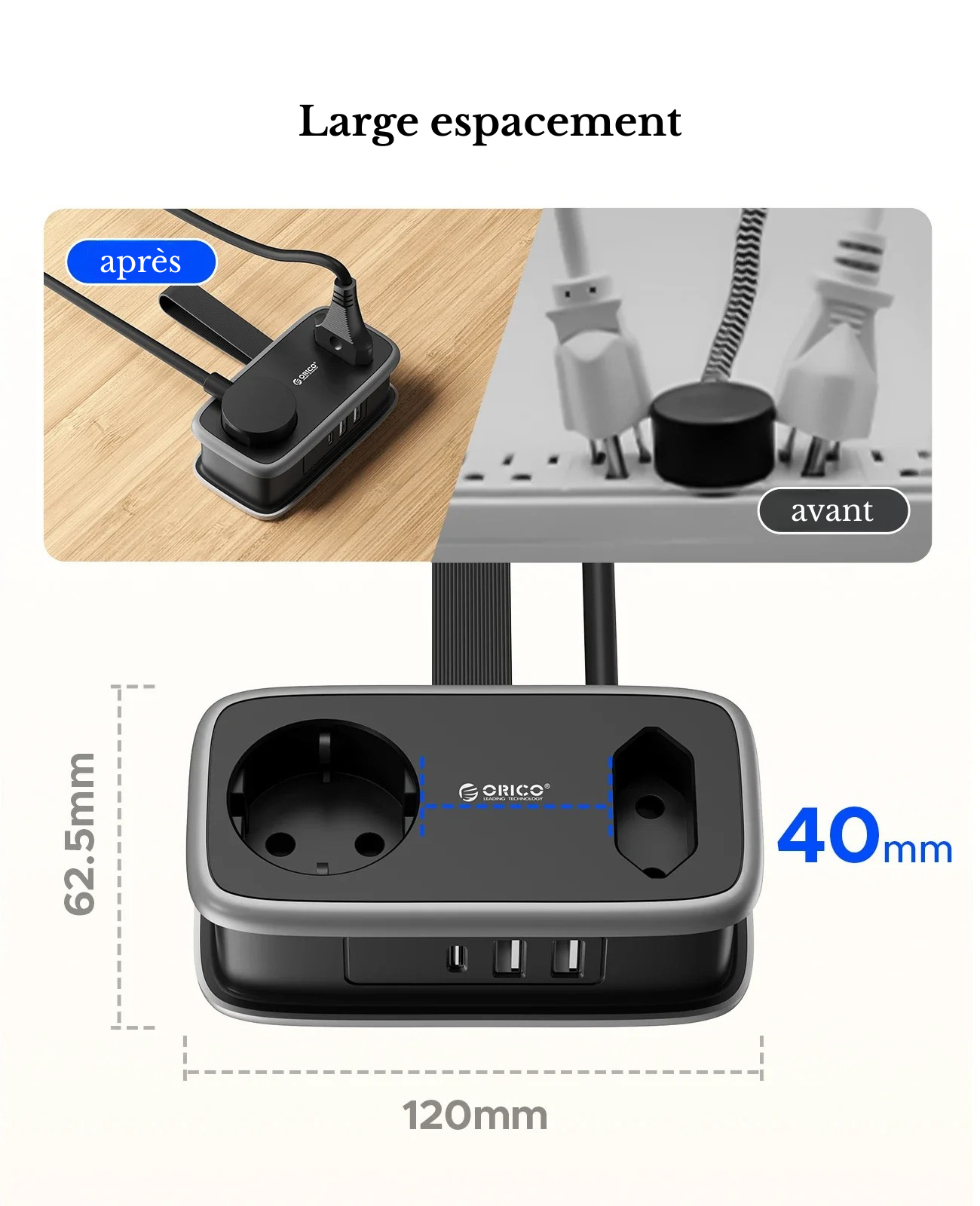 Multiprise de voyage compacte avec 2 prises et 3 ports USB dimension