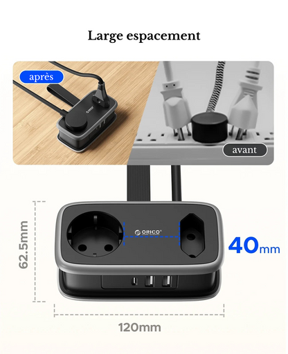 Multiprise de voyage compacte avec 2 prises et 3 ports USB dimension