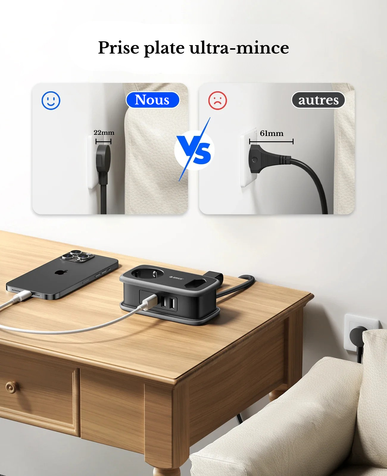 Multiprise de voyage ultra compacte avec 2 prises et 3 ports USB