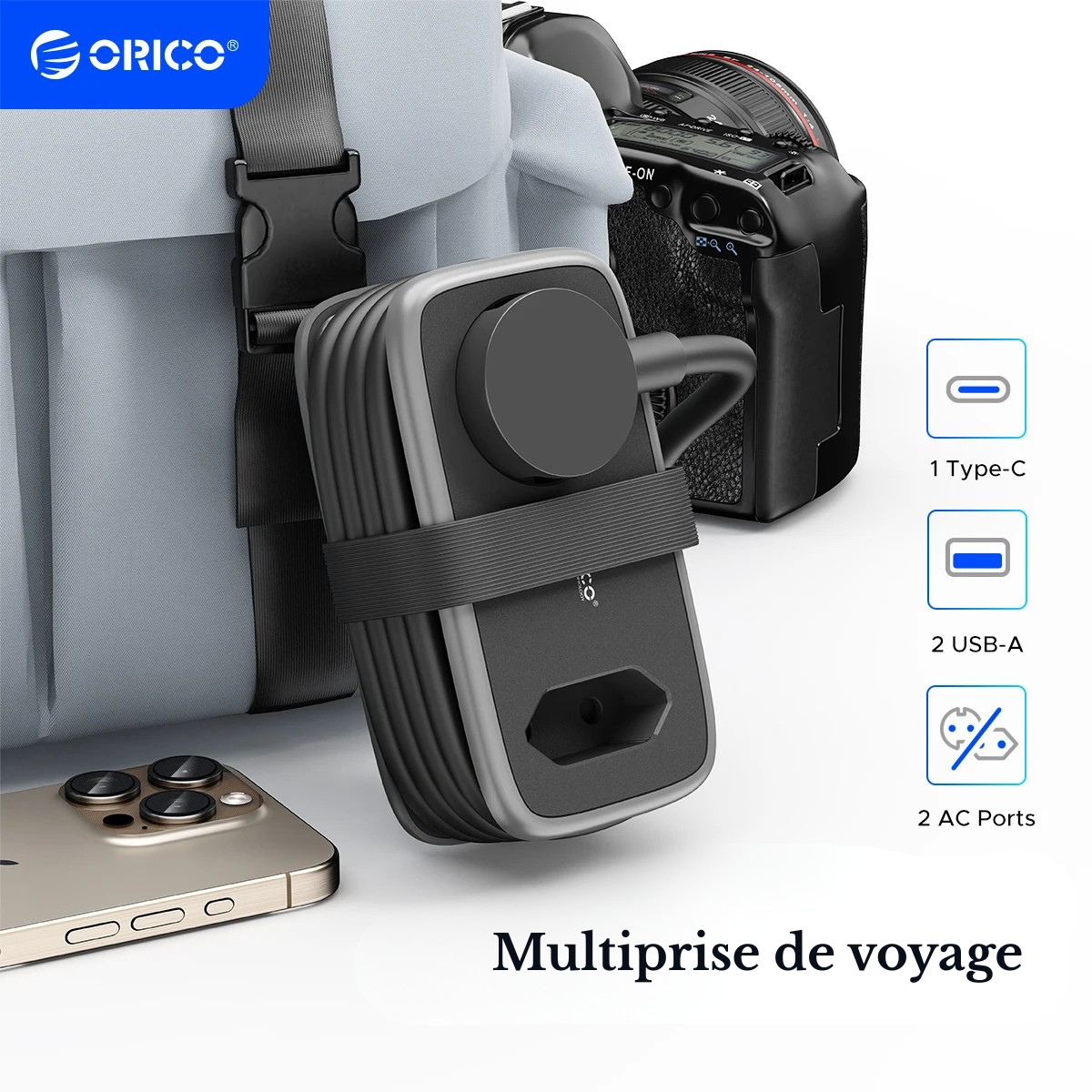 Multiprise de voyage compacte avec 2 prises et 3 ports USB