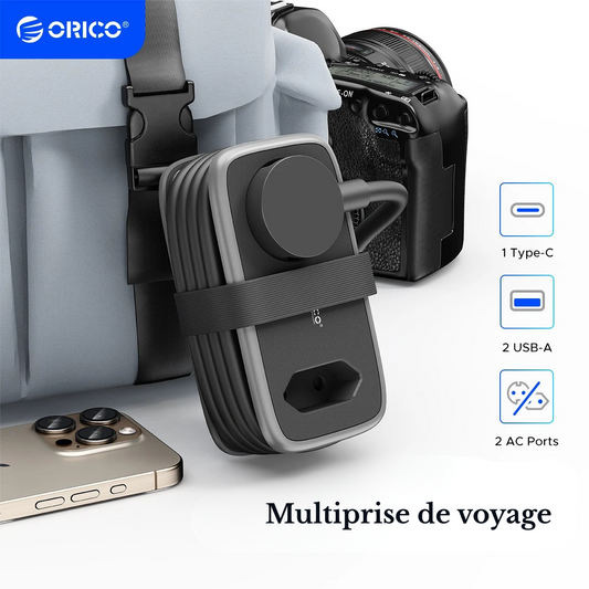 Multiprise de voyage compacte avec 2 prises et 3 ports USB